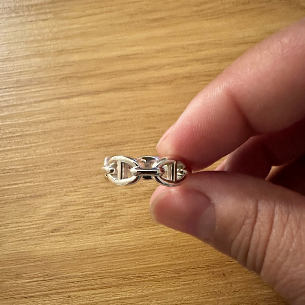 Hermes Sterling Silver Chaine d'ancre Enchainee Ring, Small Model. Sz 55/7 1/4.